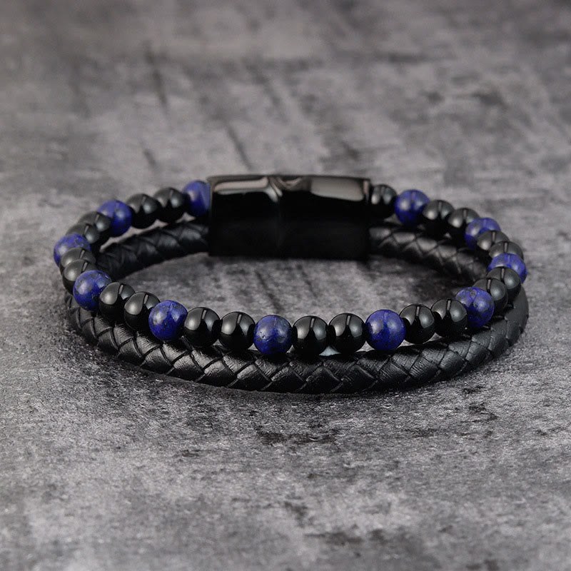 Bracelet en cuir avec Buddha Stones, onyx noir, lazurite et acier titane, symbole de bien-être et de positivité. - image 1
