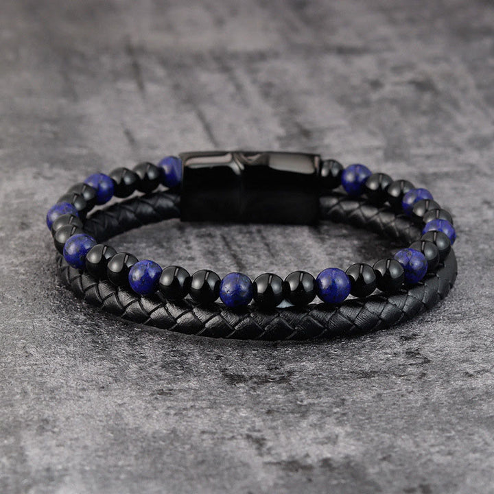 Bracelet en cuir avec Buddha Stones, onyx noir, lazurite et acier titane, symbole de bien-être et de positivité. - image 1