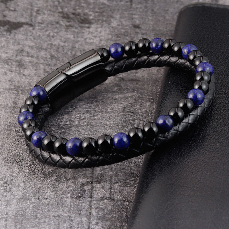 Bracelet en cuir avec Buddha Stones, onyx noir, lazurite et acier titane, symbole de bien-être et de positivité. - image 2