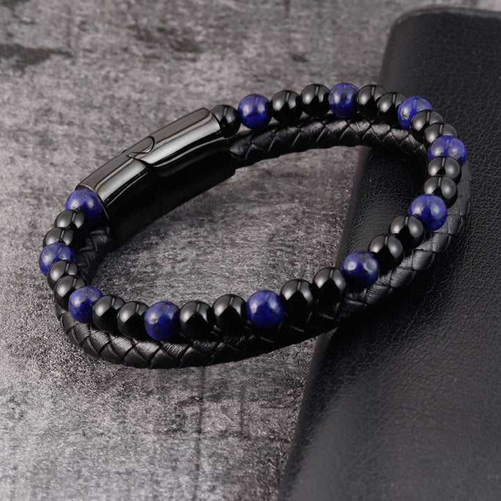 Bracelet en cuir avec Buddha Stones, onyx noir, lazurite et acier titane, symbole de bien-être et de positivité. - image 2