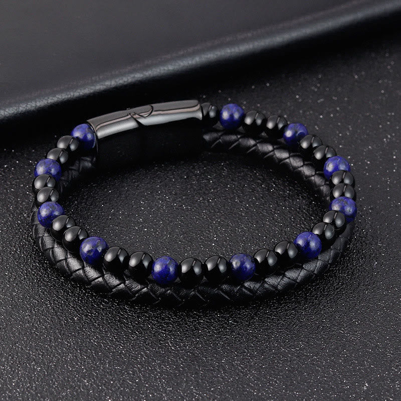 Bracelet en cuir avec Buddha Stones, onyx noir, lazurite et acier titane, symbole de bien-être et de positivité. - image 3
