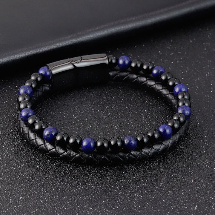 Bracelet en cuir avec Buddha Stones, onyx noir, lazurite et acier titane, symbole de bien-être et de positivité. - image 3