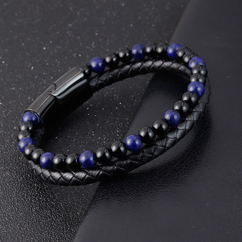 Bracelet en cuir avec Buddha Stones, onyx noir, lazurite et acier titane, symbole de bien-être et de positivité. - image 4
