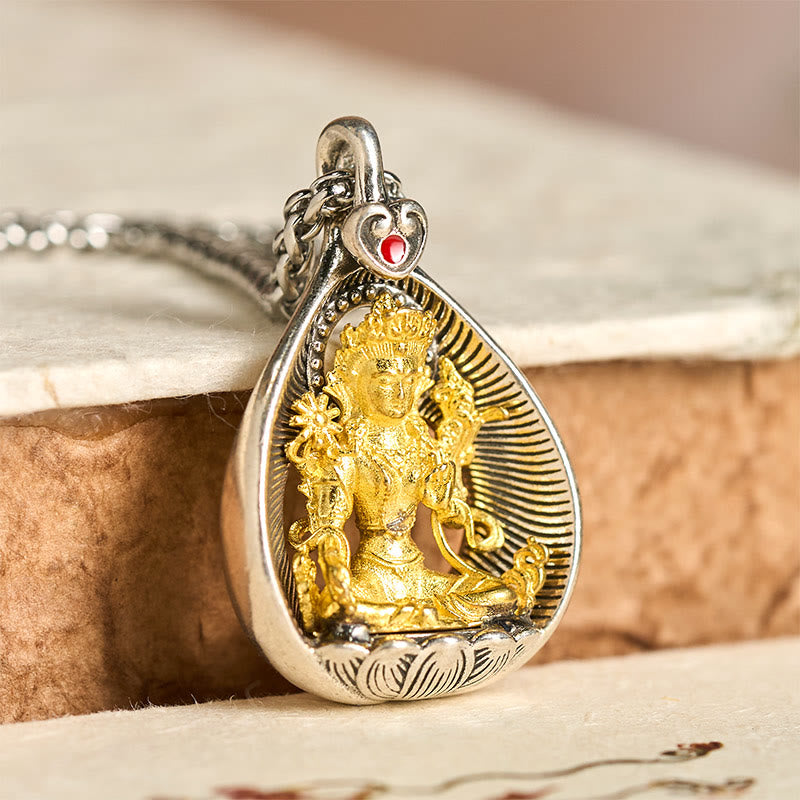 Collier pendentif porte-bonheur en argent plaqué cuivre , Buddha Stones de Bouddha - Tara Verte - image 0