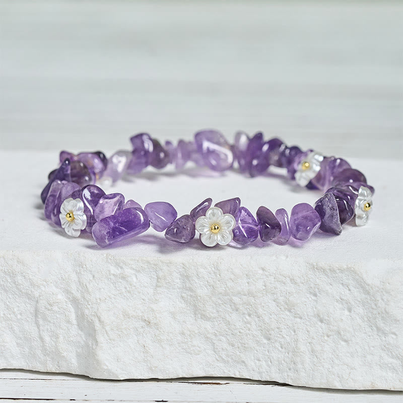 Bracelet d'équilibre en cristal blanc améthyste et améthyste, orné d'un motif floral irrégulier en Buddha Stones - image 3