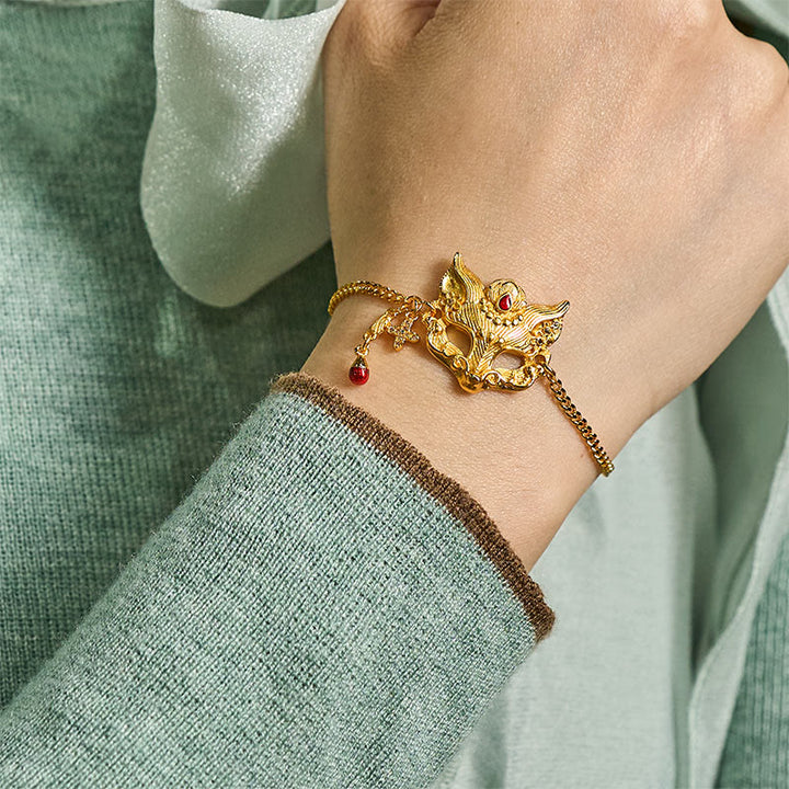 Bracelet à breloque masque de renard en laiton plaqué or 24 carats avec Buddha Stones et chaîne à pompon - image 6