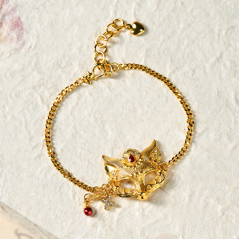 Bracelet à breloque masque de renard en laiton plaqué or 24 carats avec Buddha Stones et chaîne à pompon - image 3