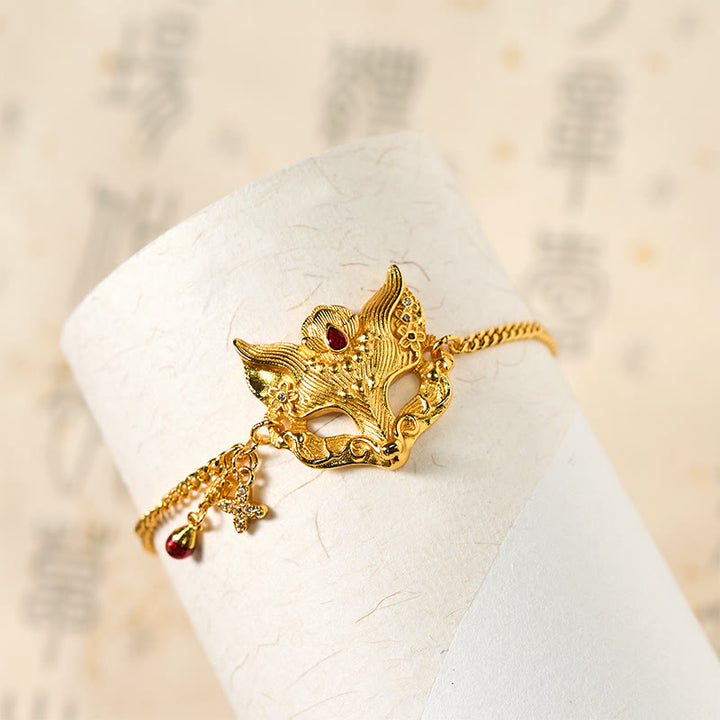 Bracelet à breloque masque de renard en laiton plaqué or 24 carats avec Buddha Stones et chaîne à pompon - image 4