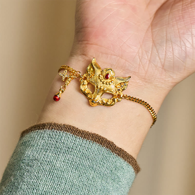 Bracelet à breloque masque de renard en laiton plaqué or 24 carats avec Buddha Stones et chaîne à pompon - image 7