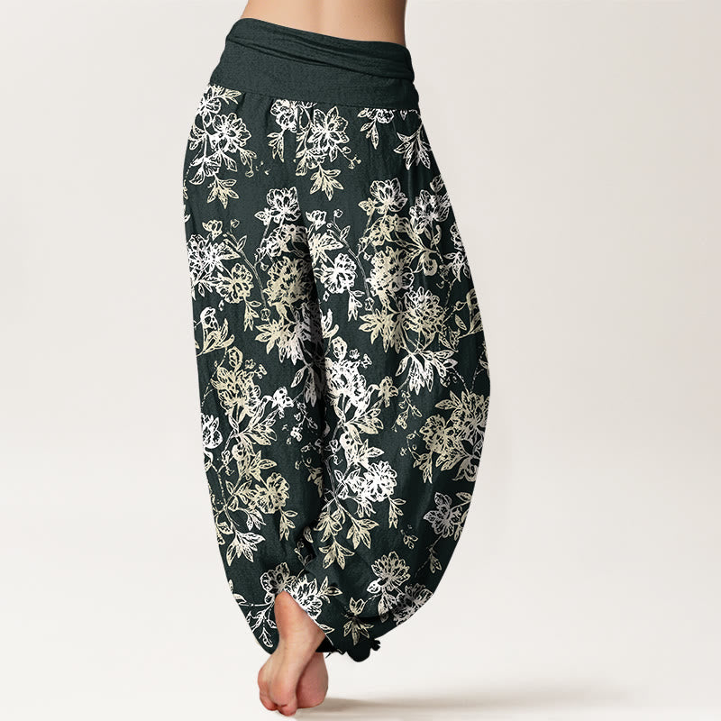 Pantalon harem femme en coton à motif pétales superposés et Buddha Stones, taille élastique - image 1