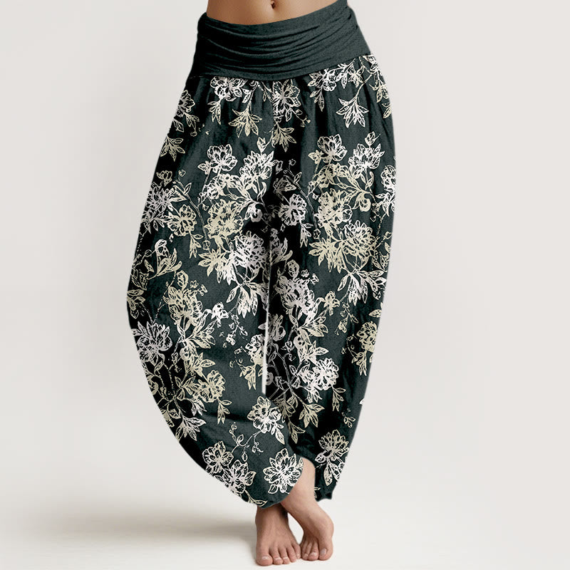 Pantalon harem femme en coton à motif pétales superposés et Buddha Stones, taille élastique - Noir - US16，UK/AU20，EU48 (3XL) - image 0