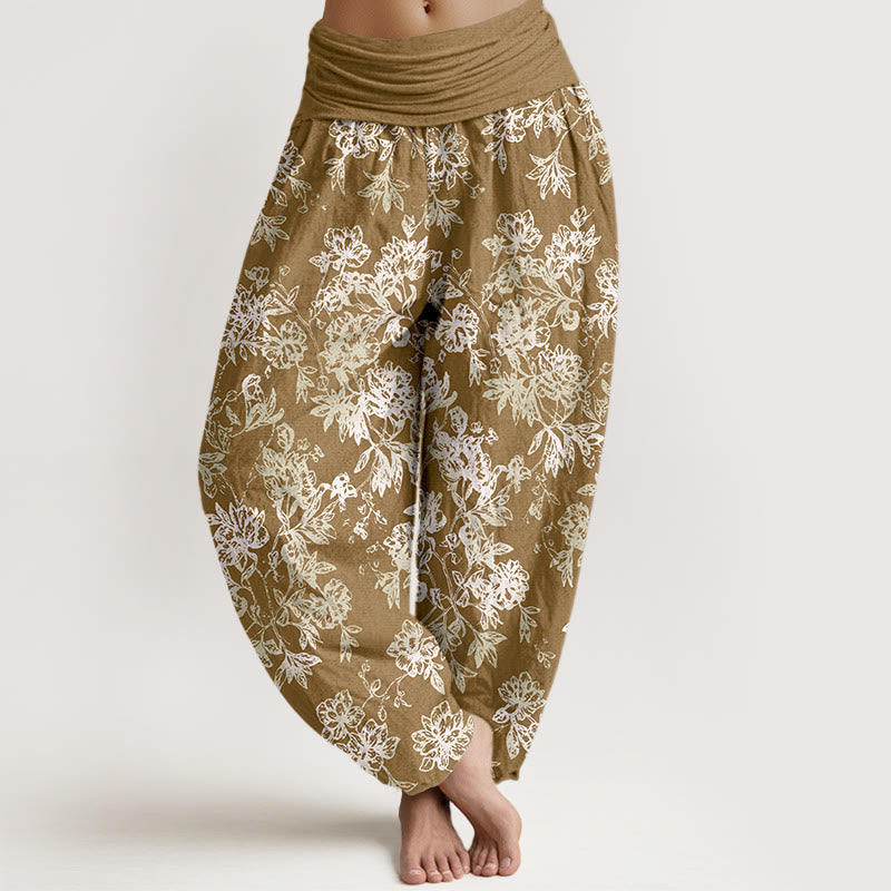 Pantalon harem femme en coton à motif pétales superposés et Buddha Stones, taille élastique - verge d'or - US16，UK/AU20，EU48 (3XL) - image 5