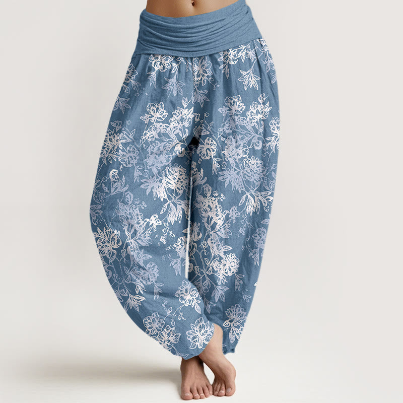 Pantalon harem femme en coton à motif pétales superposés et Buddha Stones, taille élastique - Bleuet - US16，UK/AU20，EU48 (3XL) - image 8