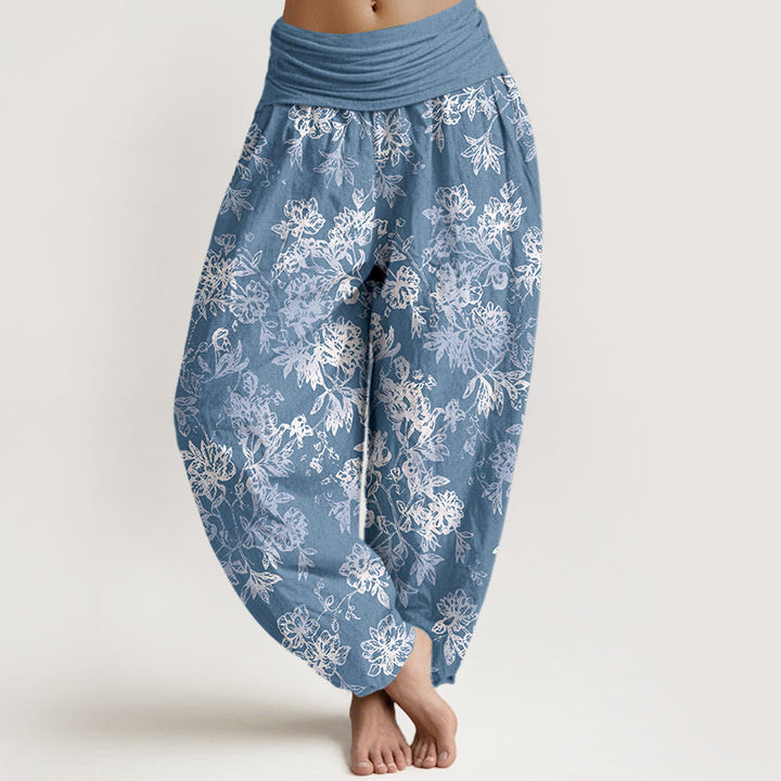 Pantalon harem femme en coton à motif pétales superposés et Buddha Stones, taille élastique - Bleuet - US16，UK/AU20，EU48 (3XL) - image 8