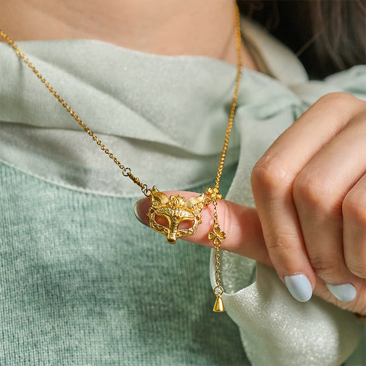 Collier pendentif à pompon en laiton plaqué or 24 carats avec motif de renard et de fleur, orné d'une pierre de Bouddha - image 5