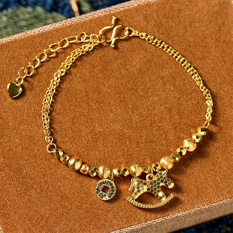 Bracelet porte-bonheur en cuivre plaqué or 24 carats, orné de Buddha Stones l'année du Cheval du zodiaque chinois. - Cheval (Tour de poignet : 14-16 cm) - image 0