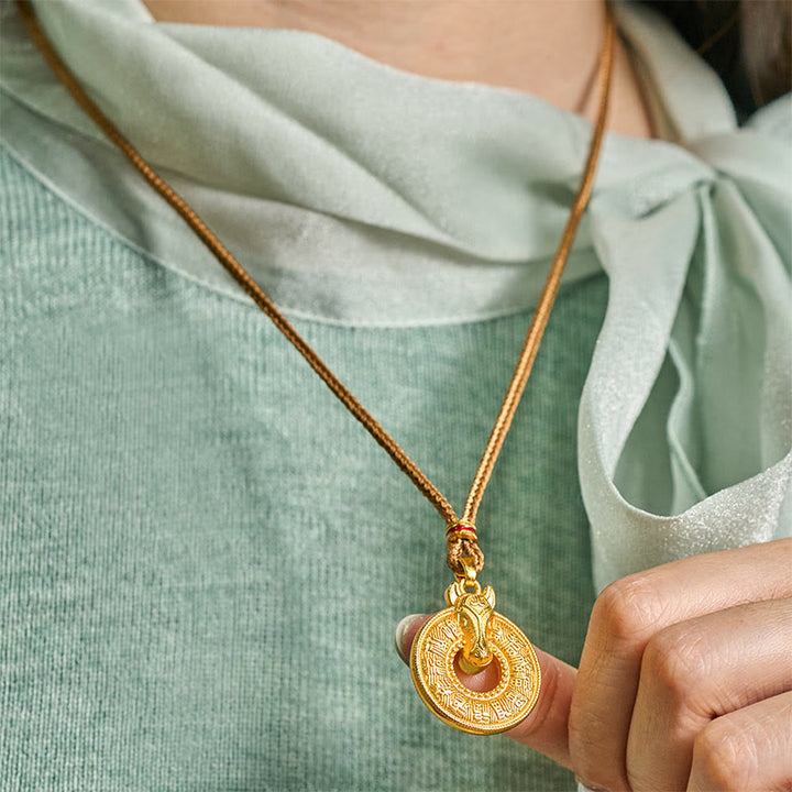 Collier pendentif énergétique en cuivre plaqué or, boucle de paix en Buddha Stones, année du Cheval, symbole Fu, avec pendentif en cuivre et or représentant l'énergie du Cheval - image 6