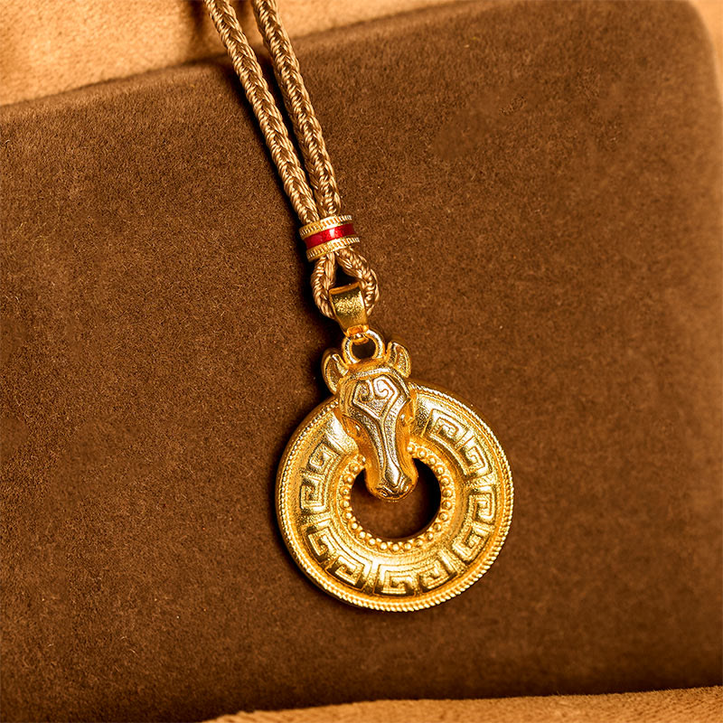 Collier pendentif énergétique en cuivre plaqué or, boucle de paix en Buddha Stones, année du Cheval, symbole Fu, avec pendentif en cuivre et or représentant l'énergie du Cheval - image 3