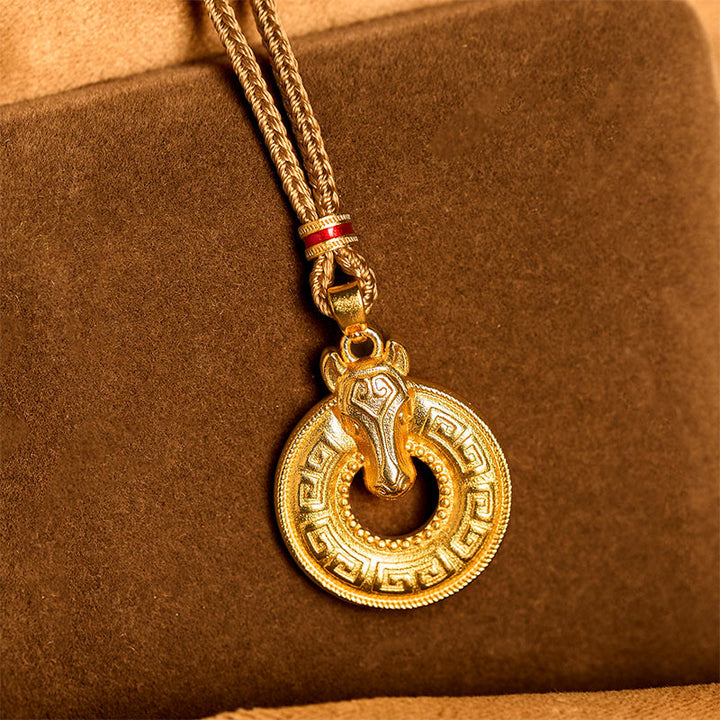 Collier pendentif énergétique en cuivre plaqué or, boucle de paix en Buddha Stones, année du Cheval, symbole Fu, avec pendentif en cuivre et or représentant l'énergie du Cheval - image 3