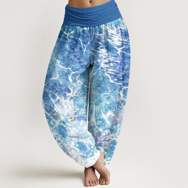 Pantalon harem à taille élastique pour femme, en coton, motif coquillages et corail, inspiré des Buddha Stones - DodgerBlue - US16，UK/AU20，EU48 (3XL) - image 0