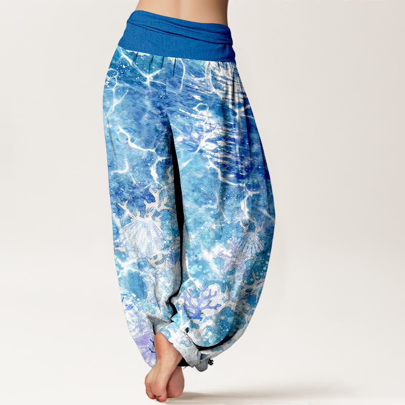 Pantalon harem à taille élastique pour femme, en coton, motif coquillages et corail, inspiré des Buddha Stones - image 1