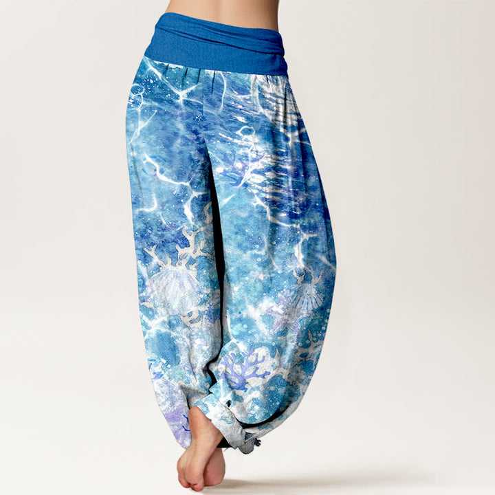 Pantalon harem à taille élastique pour femme, en coton, motif coquillages et corail, inspiré des Buddha Stones - image 1