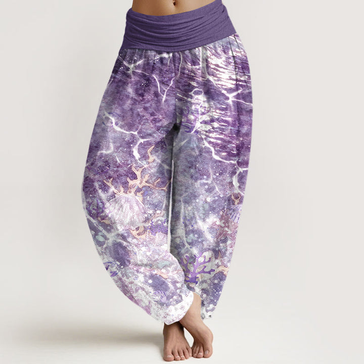 Pantalon harem à taille élastique pour femme, en coton, motif coquillages et corail, inspiré des Buddha Stones - Violette sombre - US16，UK/AU20，EU48 (3XL) - image 5