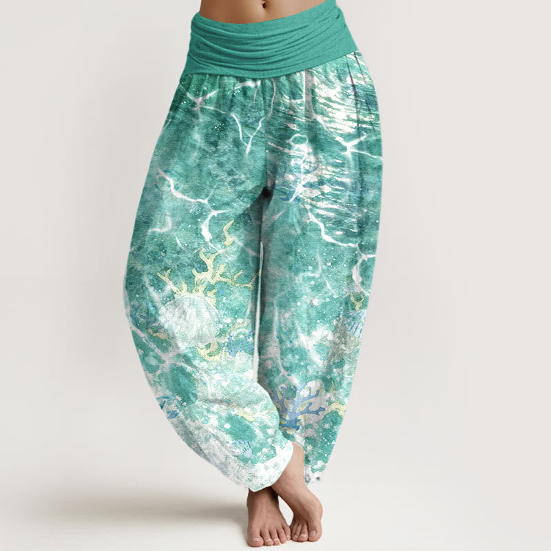 Pantalon harem à taille élastique pour femme, en coton, motif coquillages et corail, inspiré des Buddha Stones - Vert clair - US16，UK/AU20，EU48 (3XL) - image 8
