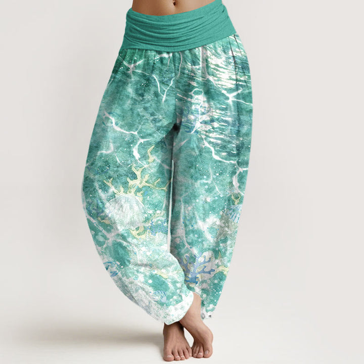 Pantalon harem à taille élastique pour femme, en coton, motif coquillages et corail, inspiré des Buddha Stones - Vert clair - US16，UK/AU20，EU48 (3XL) - image 8