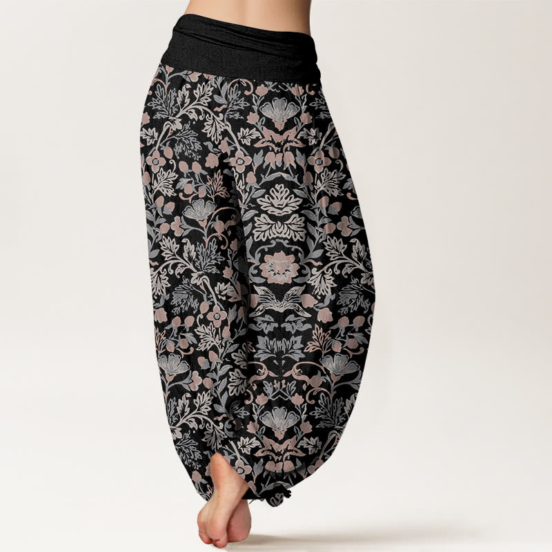 Pantalon harem pour femme en pur coton à taille élastique, orné de motifs complexes de fleurs, feuilles et vignes, Buddha Stones - image 1