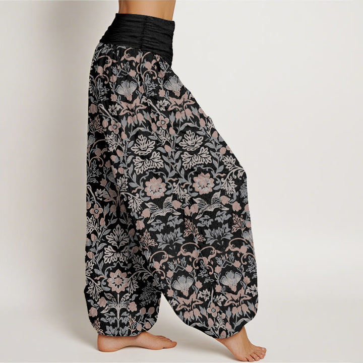 Pantalon harem pour femme en pur coton à taille élastique, orné de motifs complexes de fleurs, feuilles et vignes, Buddha Stones - image 2