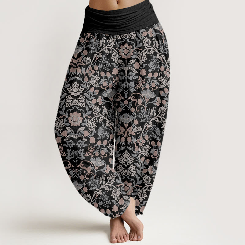 Pantalon harem pour femme en pur coton à taille élastique, orné de motifs complexes de fleurs, feuilles et vignes, Buddha Stones - Noir - US16，UK/AU20，EU48 (3XL) - image 0