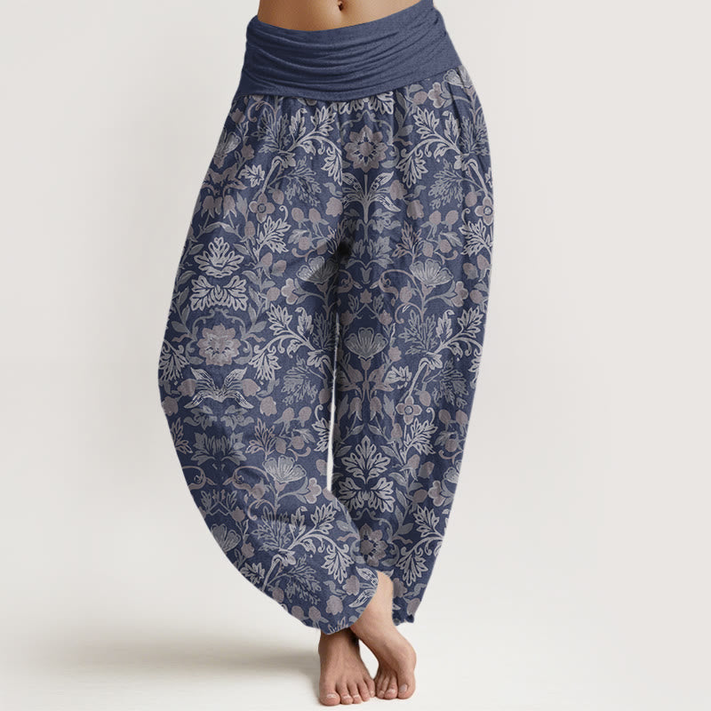 Pantalon harem pour femme en pur coton à taille élastique, orné de motifs complexes de fleurs, feuilles et vignes, Buddha Stones - Bleu ardoise - US16，UK/AU20，EU48 (3XL) - image 5