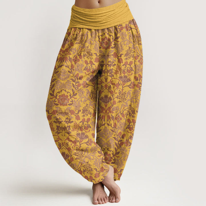 Pantalon harem pour femme en pur coton à taille élastique, orné de motifs complexes de fleurs, feuilles et vignes, Buddha Stones - Or - US16，UK/AU20，EU48 (3XL) - image 8