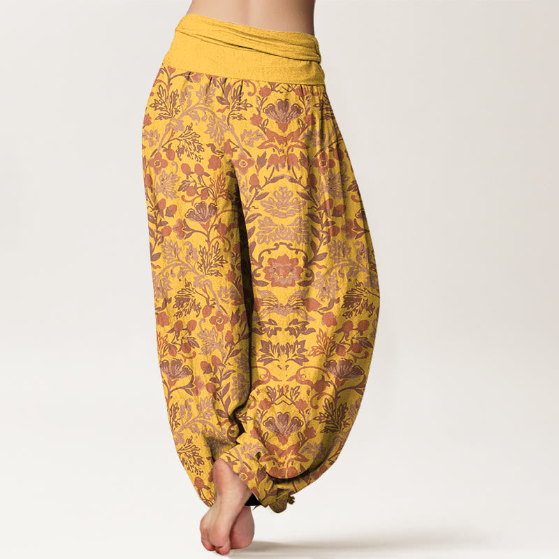 Pantalon harem pour femme en pur coton à taille élastique, orné de motifs complexes de fleurs, feuilles et vignes, Buddha Stones - image 9