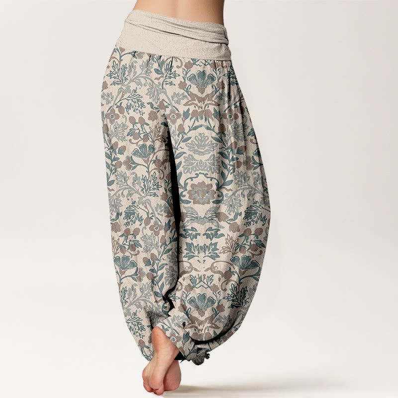 Pantalon harem pour femme en pur coton à taille élastique, orné de motifs complexes de fleurs, feuilles et vignes, Buddha Stones - image 12