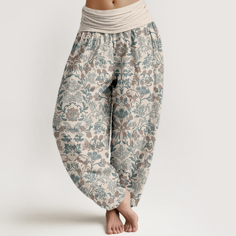 Pantalon harem pour femme en pur coton à taille élastique, orné de motifs complexes de fleurs, feuilles et vignes, Buddha Stones - Beige - US16，UK/AU20，EU48 (3XL) - image 11