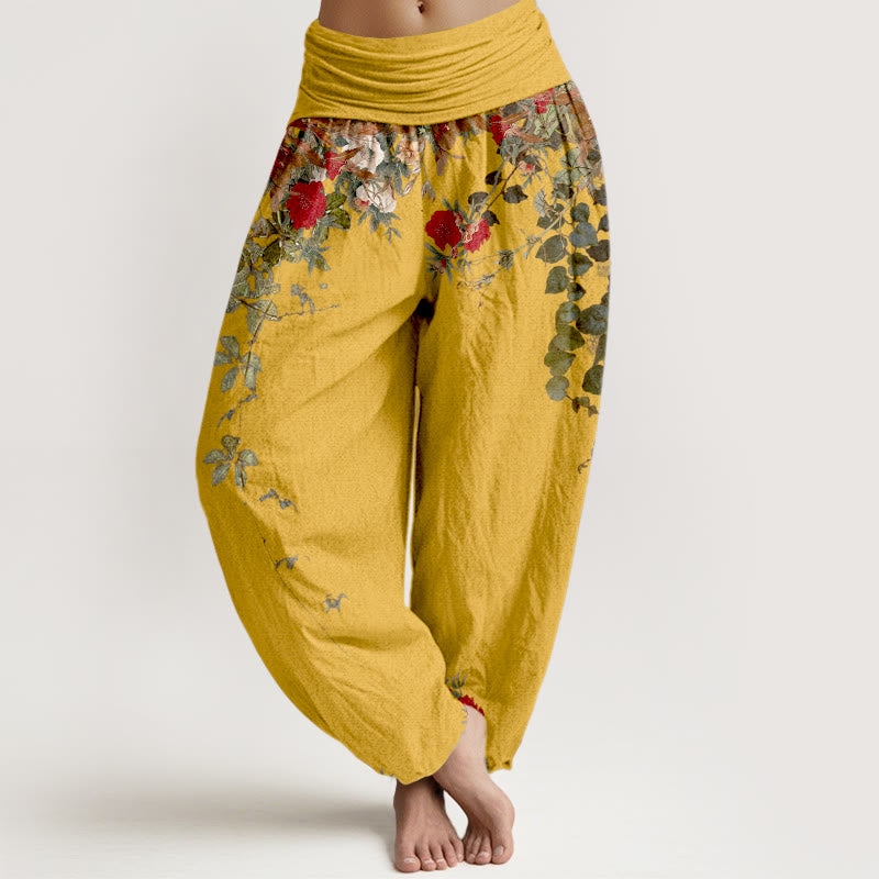 Pantalon harem pour femme en pur coton à motif de fleurs et de feuilles colorées et Buddha Stones, taille élastique - Or - US16，UK/AU20，EU48 (3XL) - image 0