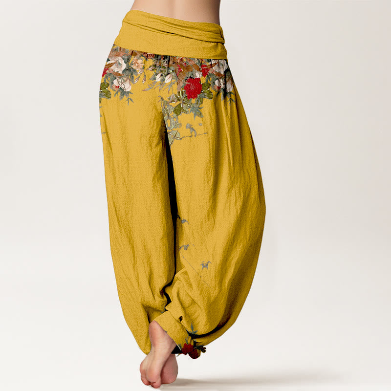 Pantalon harem pour femme en pur coton à motif de fleurs et de feuilles colorées et Buddha Stones, taille élastique - image 1