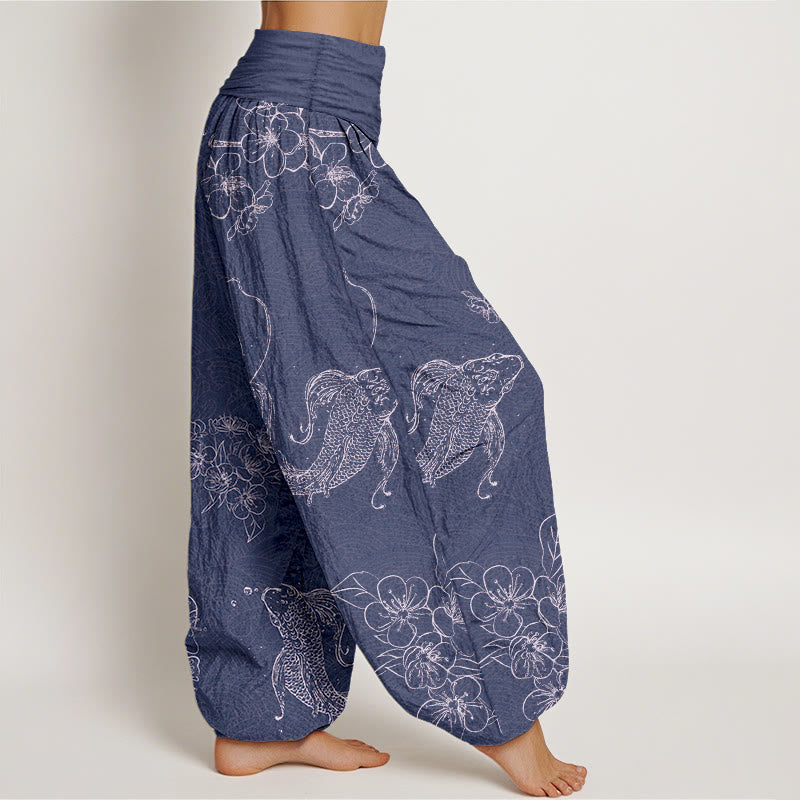Pantalon harem pour femme, taille élastique, en pur coton, orné de motifs exquis de carpes koï et de fleurs, Buddha Stones - image 2