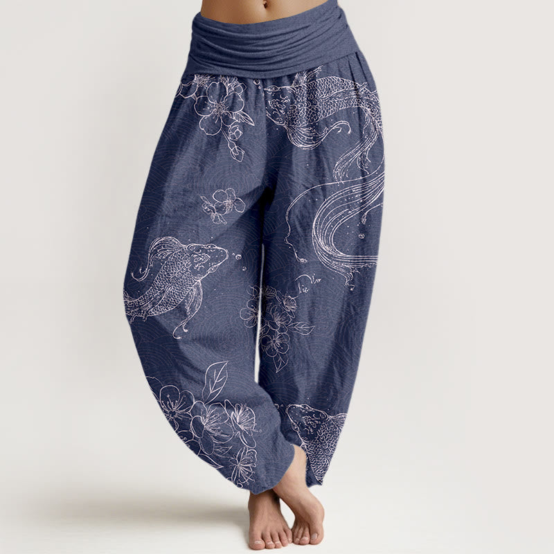 Pantalon harem pour femme, taille élastique, en pur coton, orné de motifs exquis de carpes koï et de fleurs, Buddha Stones - Bleu ardoise foncé - US16，UK/AU20，EU48 (3XL) - image 0