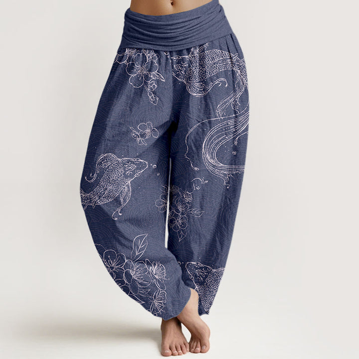 Pantalon harem pour femme, taille élastique, en pur coton, orné de motifs exquis de carpes koï et de fleurs, Buddha Stones - Bleu ardoise foncé - US16，UK/AU20，EU48 (3XL) - image 0