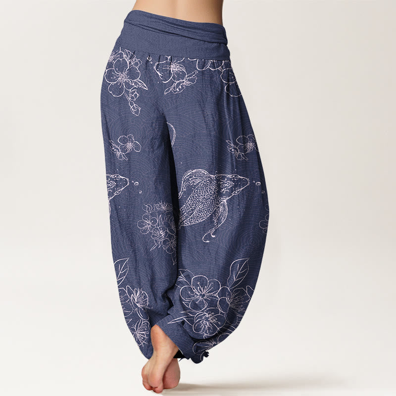Pantalon harem pour femme, taille élastique, en pur coton, orné de motifs exquis de carpes koï et de fleurs, Buddha Stones - image 1