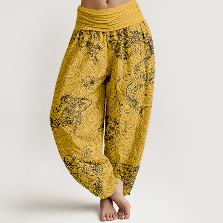 Pantalon harem pour femme, taille élastique, en pur coton, orné de motifs exquis de carpes koï et de fleurs, Buddha Stones - Or - US16，UK/AU20，EU48 (3XL) - image 5