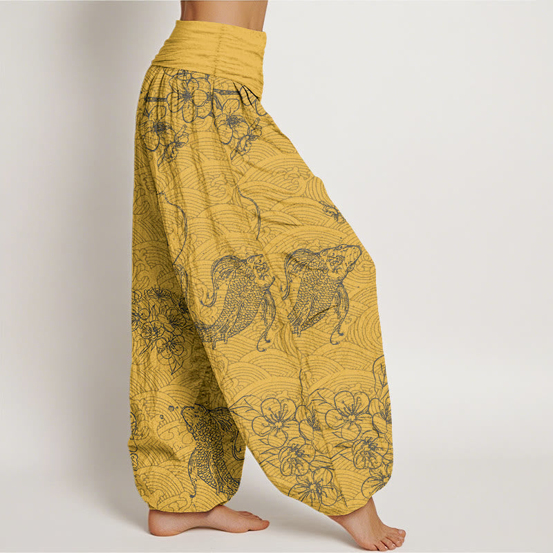 Pantalon harem pour femme, taille élastique, en pur coton, orné de motifs exquis de carpes koï et de fleurs, Buddha Stones - image 7