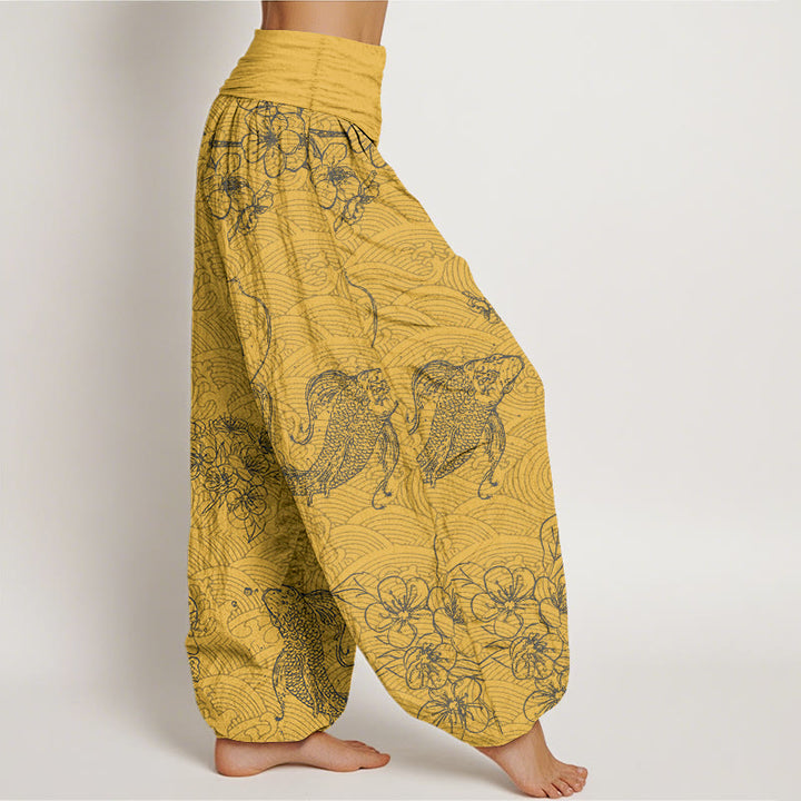 Pantalon harem pour femme, taille élastique, en pur coton, orné de motifs exquis de carpes koï et de fleurs, Buddha Stones - image 7