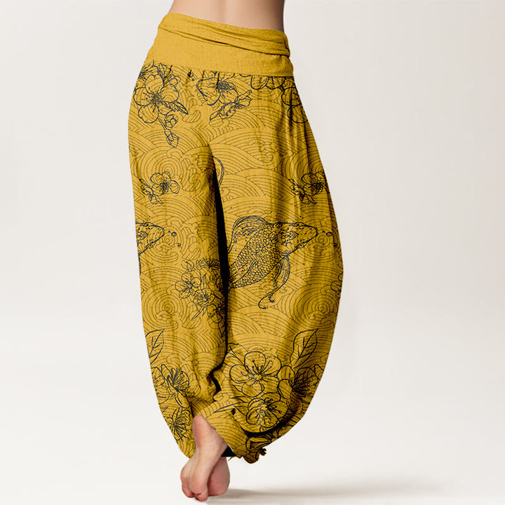 Pantalon harem pour femme, taille élastique, en pur coton, orné de motifs exquis de carpes koï et de fleurs, Buddha Stones - image 6