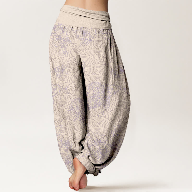 Pantalon harem pour femme, taille élastique, en pur coton, orné de motifs exquis de carpes koï et de fleurs, Buddha Stones - image 10
