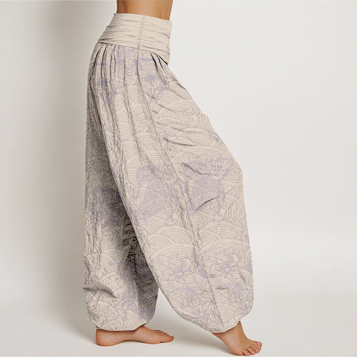 Pantalon harem pour femme, taille élastique, en pur coton, orné de motifs exquis de carpes koï et de fleurs, Buddha Stones - image 9