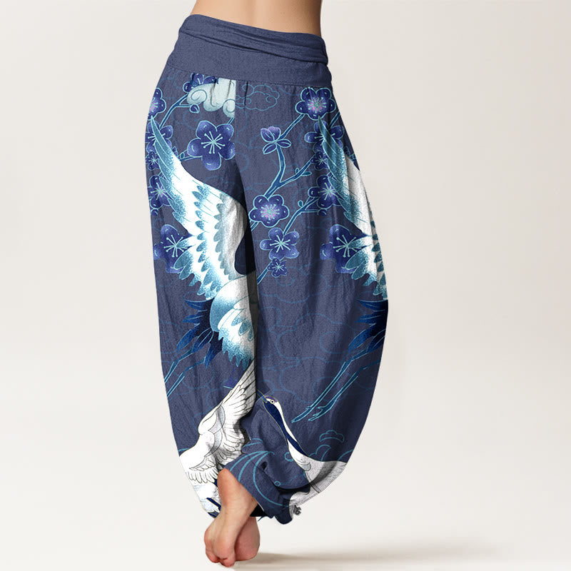 Pantalon harem à taille élastique pour femme, en pur coton, avec motifs de Buddha Stones, grues, fleurs et nuages. - image 1